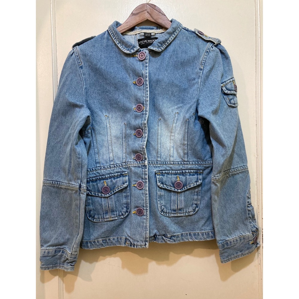 Steve Madden Womens XL Utility Jacket Light Wash Denim Military Safari Blue Y2K